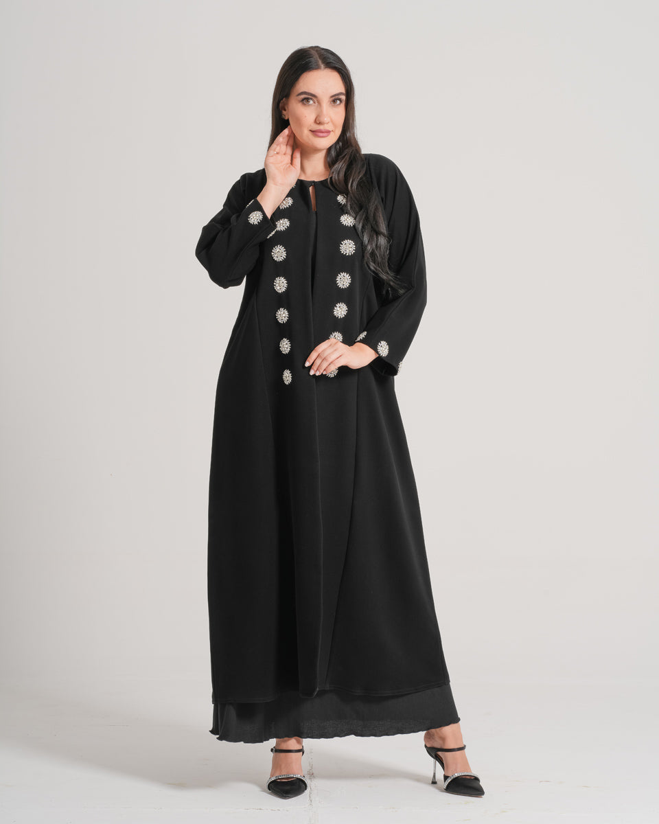 NY-04 - BLACK ABAYA WITH FRONT AND HANDS DIAMOND HANDWORK (BARBIE)