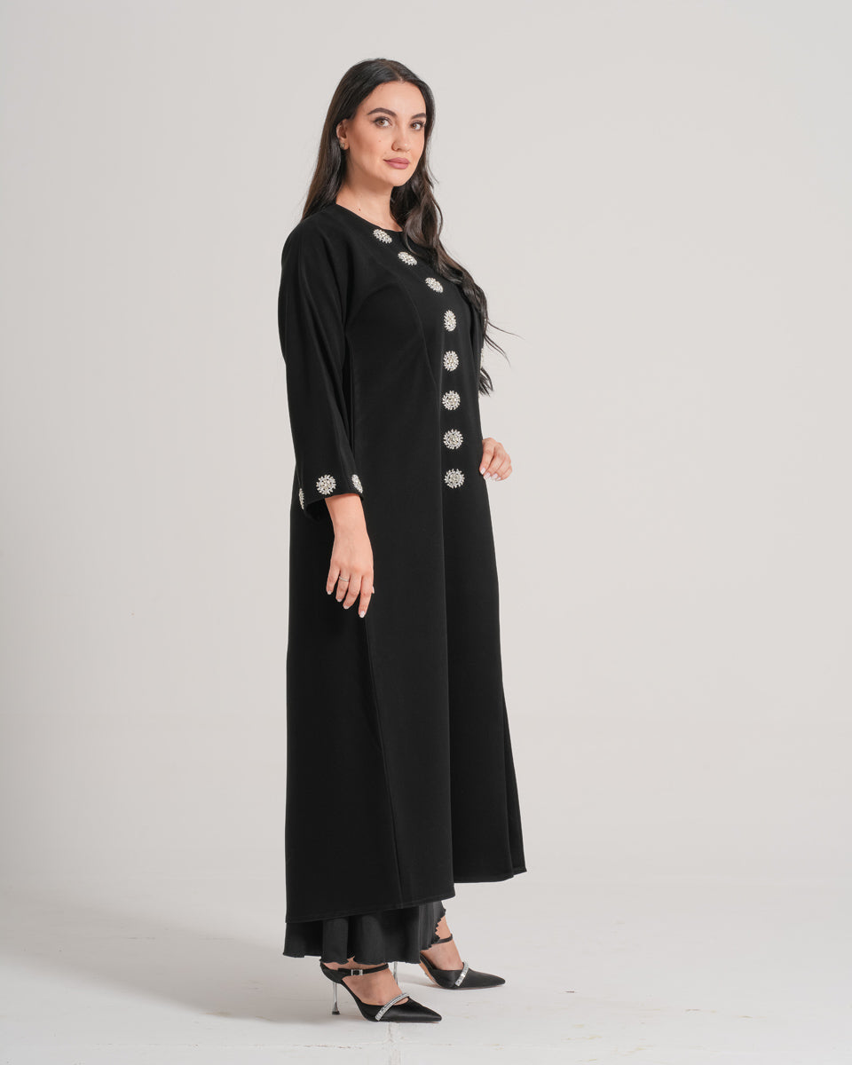 NY-04 - BLACK ABAYA WITH FRONT AND HANDS DIAMOND HANDWORK (BARBIE)