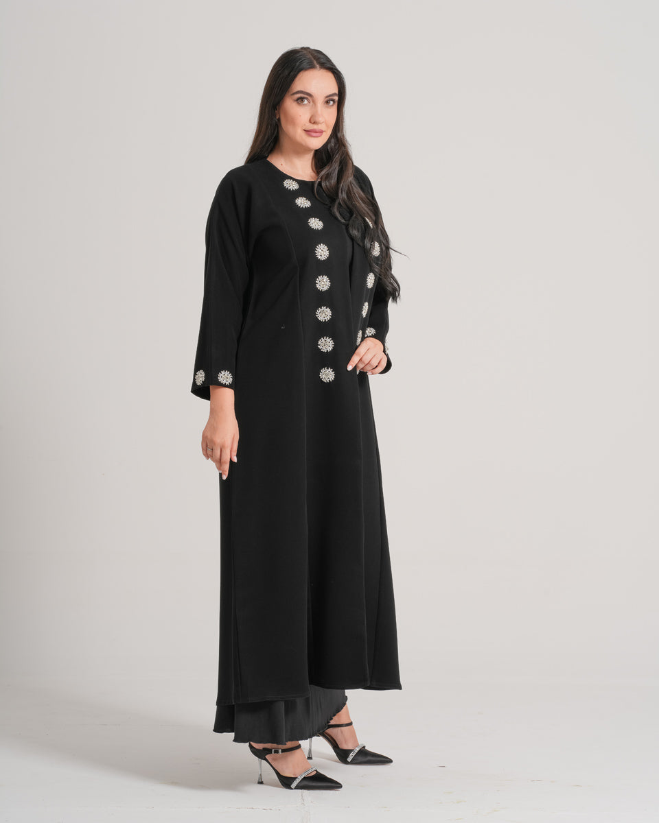 NY-04 - BLACK ABAYA WITH FRONT AND HANDS DIAMOND HANDWORK (BARBIE)