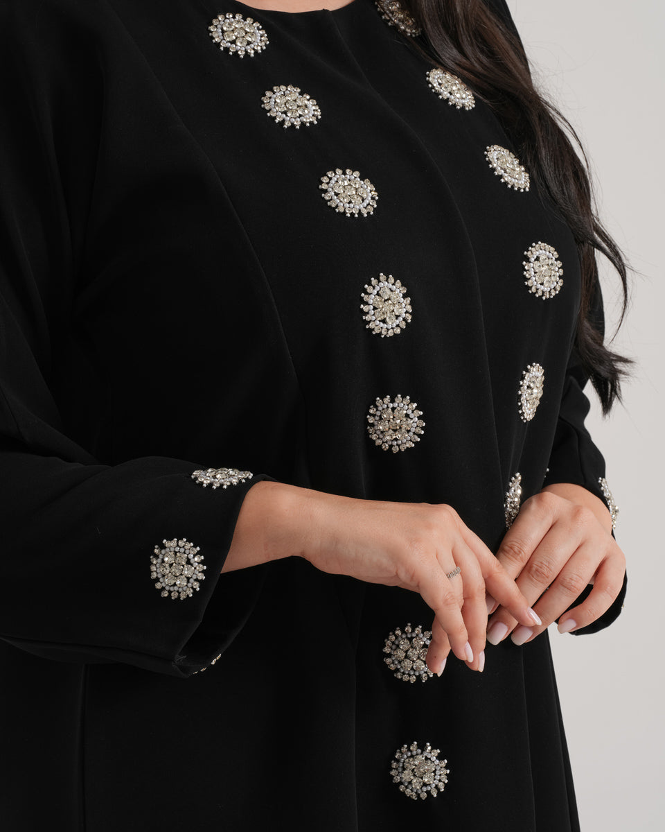 NY-04 - BLACK ABAYA WITH FRONT AND HANDS DIAMOND HANDWORK (BARBIE)