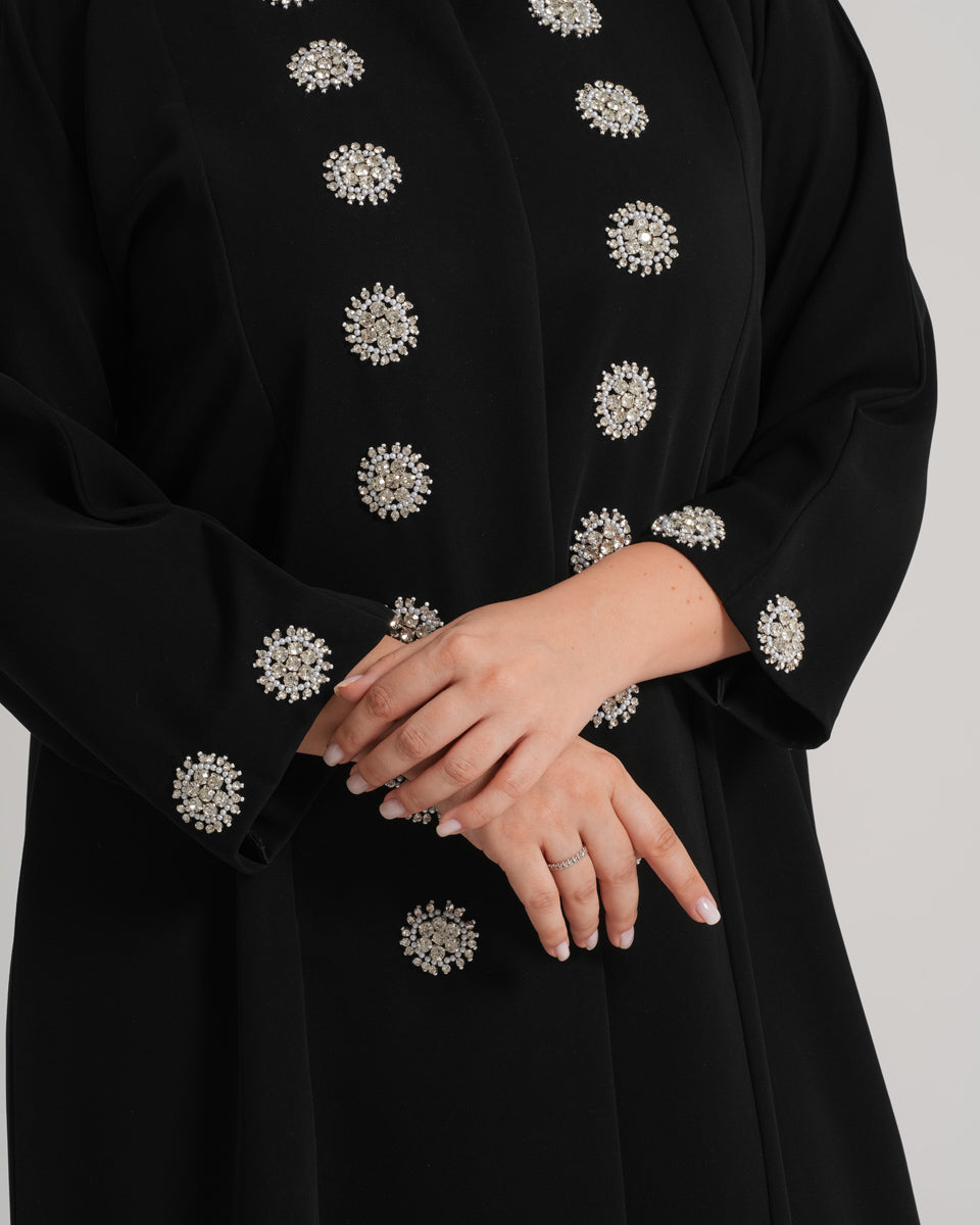 NY-04 - BLACK ABAYA WITH FRONT AND HANDS DIAMOND HANDWORK (BARBIE)