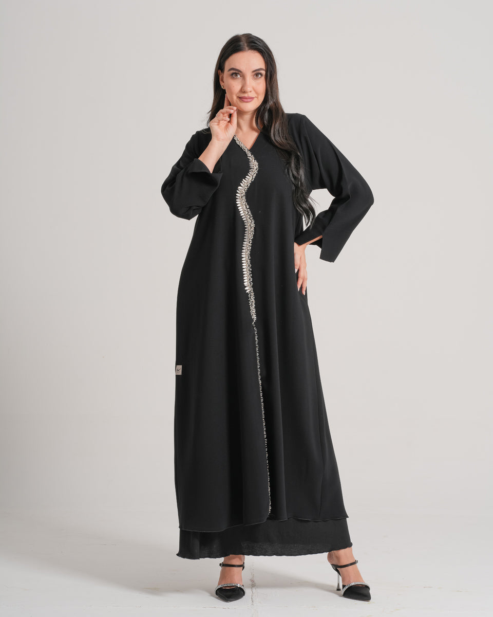 NY-07 - BLACK ABAYA WITH FRONT WAVY HANDWORK (ANJELICA)