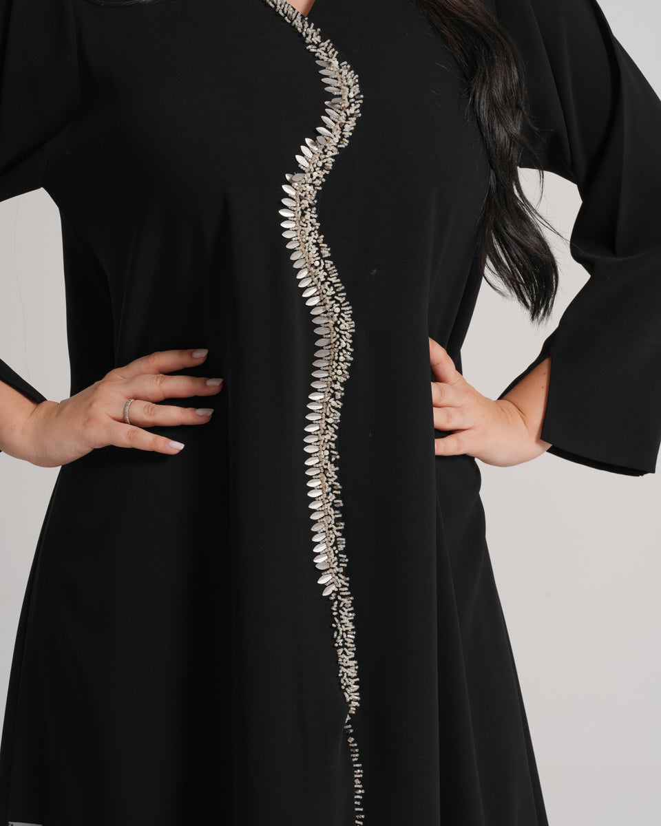 NY-07 - BLACK ABAYA WITH FRONT WAVY HANDWORK (ANJELICA)