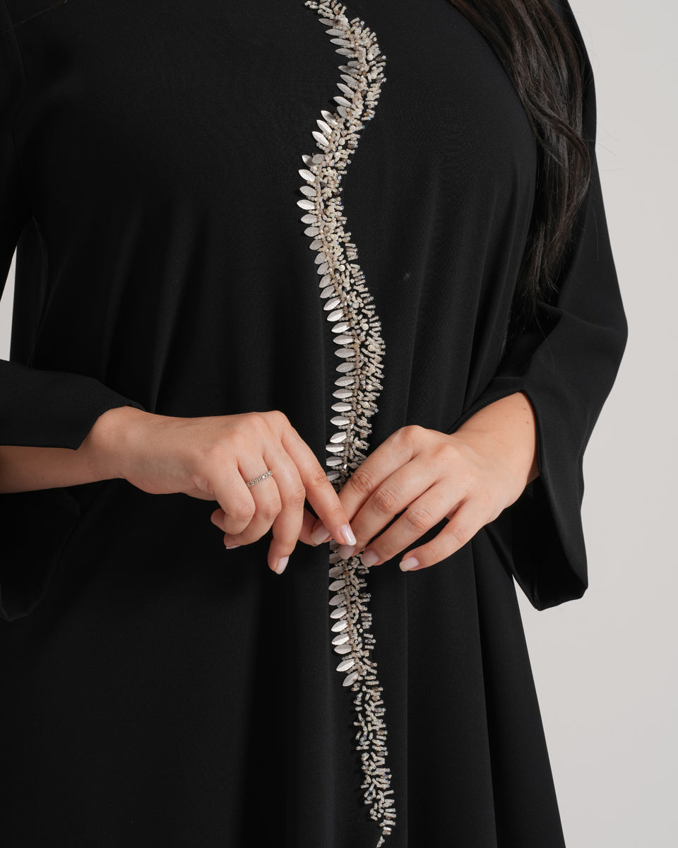 NY-07 - BLACK ABAYA WITH FRONT WAVY HANDWORK (ANJELICA)