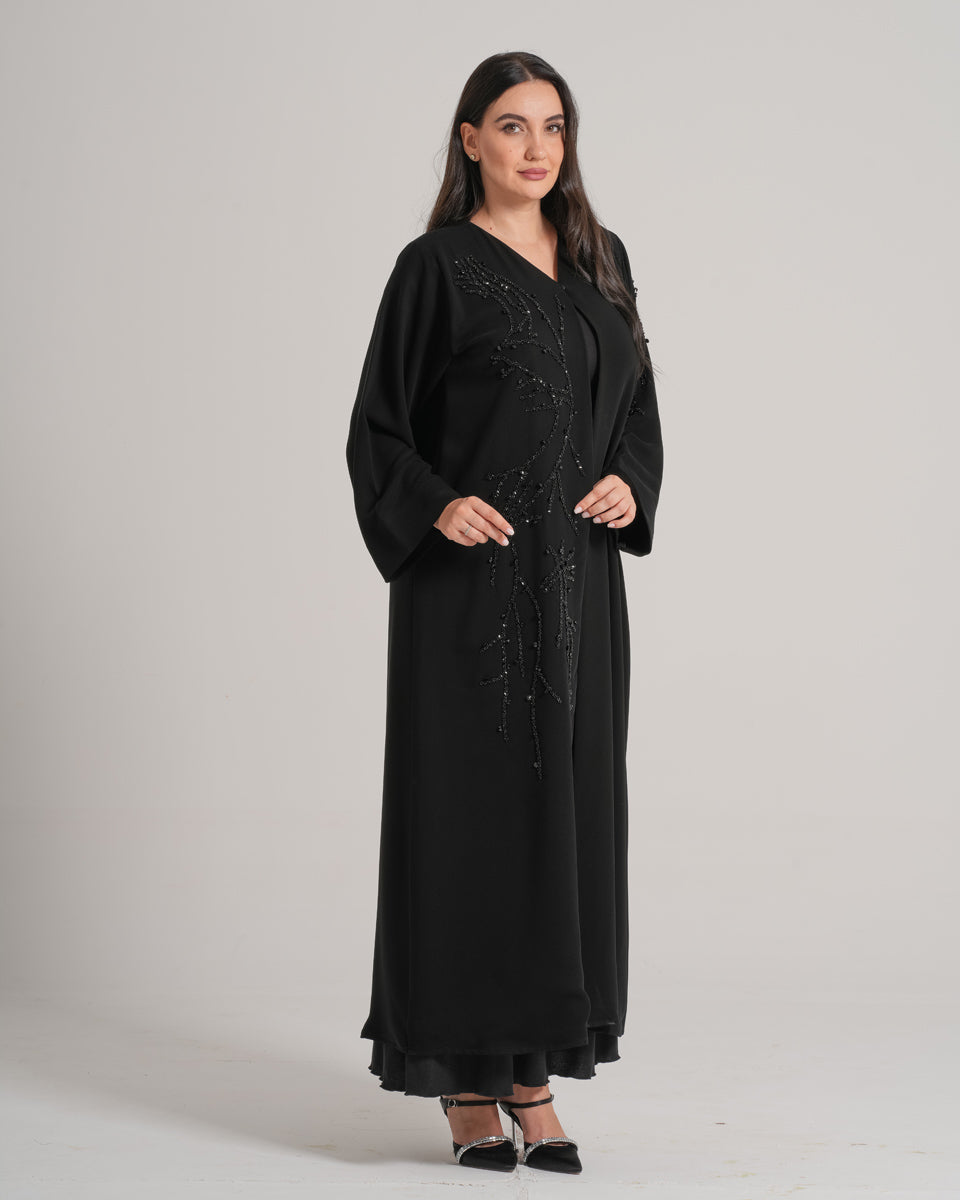 NY-10 - BLACK ABAYA WITH FRONT ONE SIDE HANDWORK AND HANDS (BARBIE)