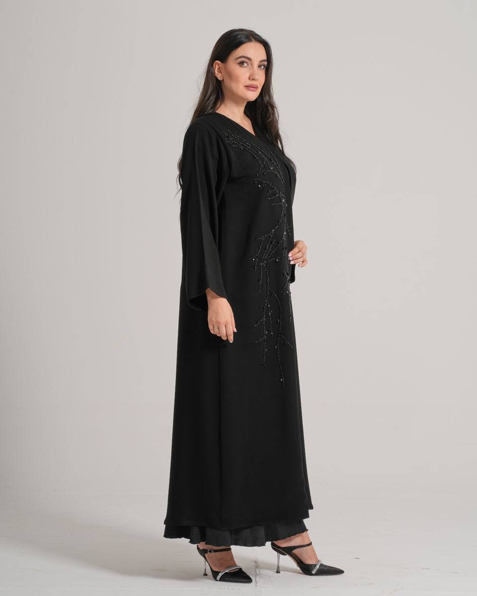NY-10 - BLACK ABAYA WITH FRONT ONE SIDE HANDWORK AND HANDS (BARBIE)