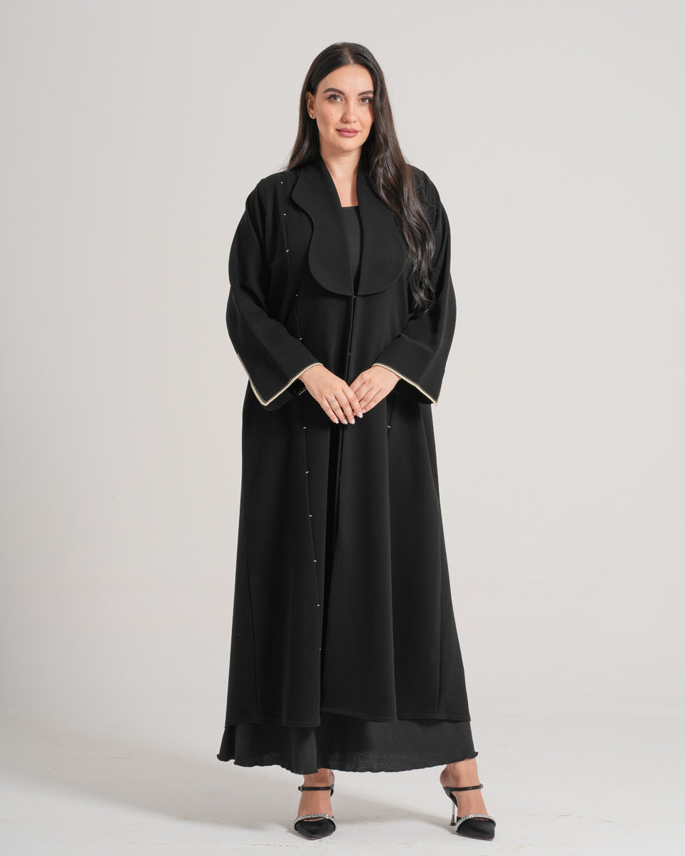 NY-11 - BLACK ABAYA WITH A UNIQUE COLLAR AND CLASSY HANDWORK (BARBIE)