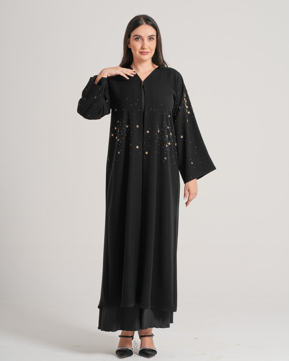 NY-12 - BLACK ABAYA WITH FLORAL HANDWORK (BARBIE)