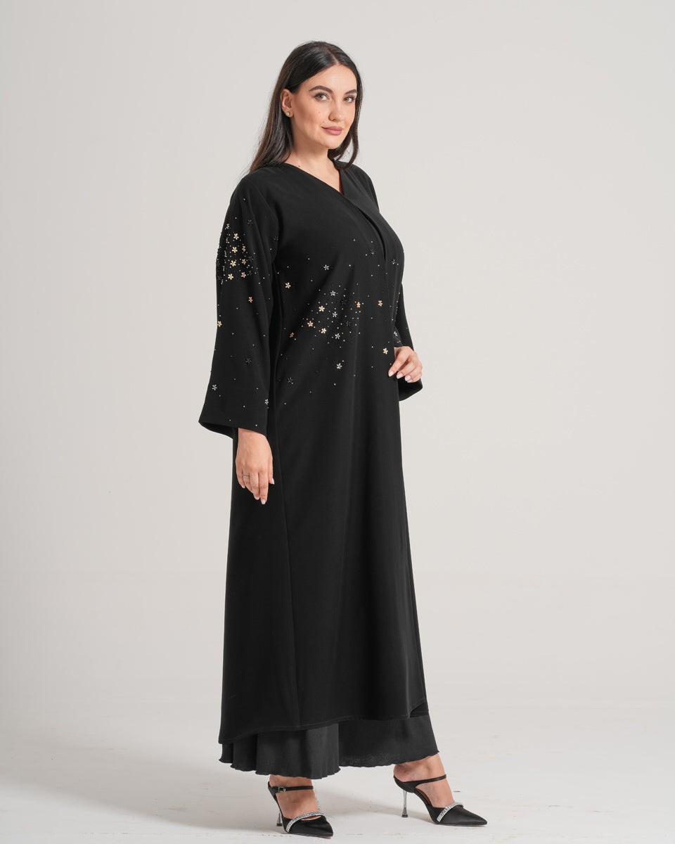 NY-12 - BLACK ABAYA WITH FLORAL HANDWORK (BARBIE)