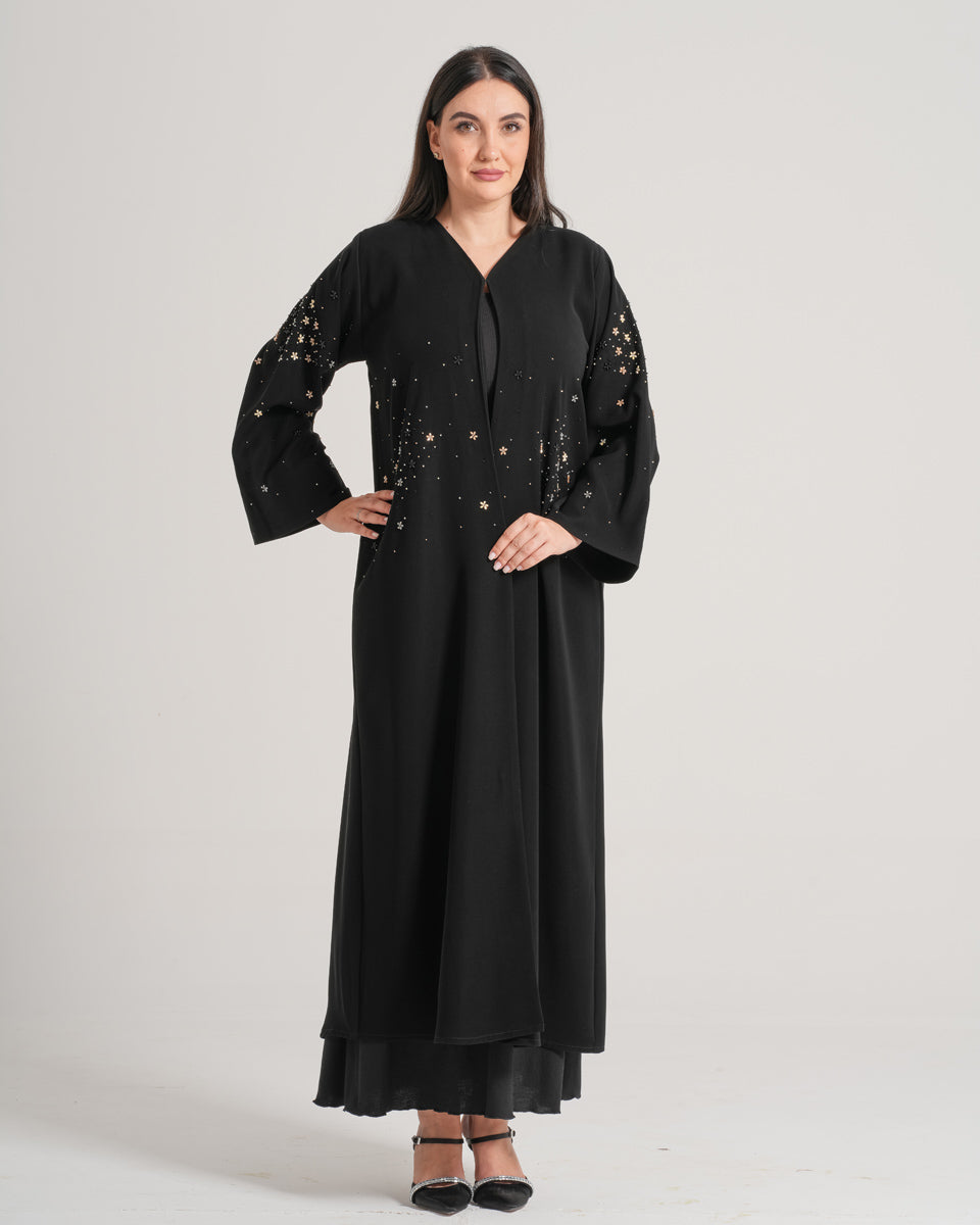 NY-12 - BLACK ABAYA WITH FLORAL HANDWORK (BARBIE)