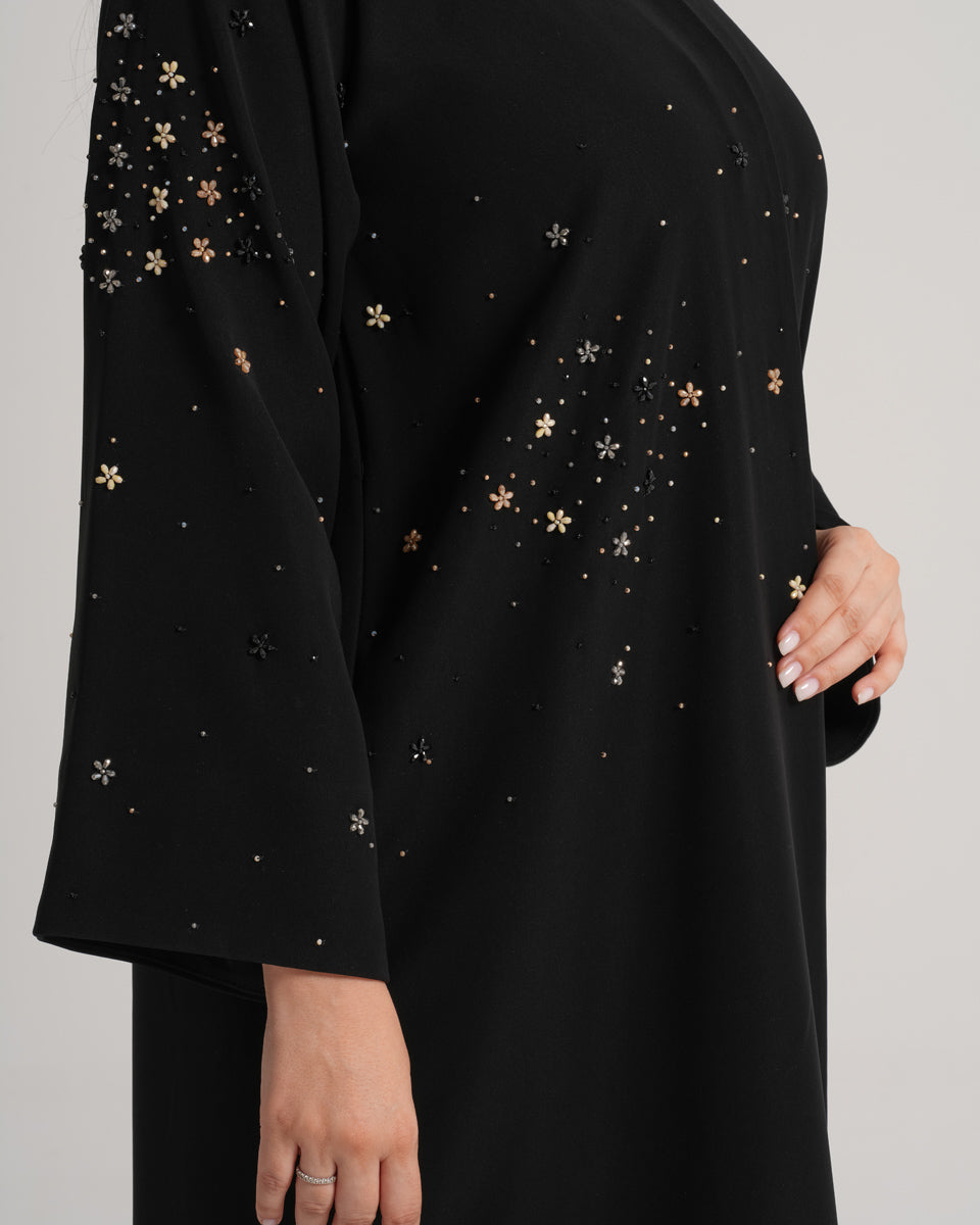 NY-12 - BLACK ABAYA WITH FLORAL HANDWORK (BARBIE)