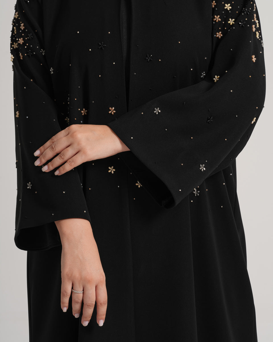NY-12 - BLACK ABAYA WITH FLORAL HANDWORK (BARBIE)