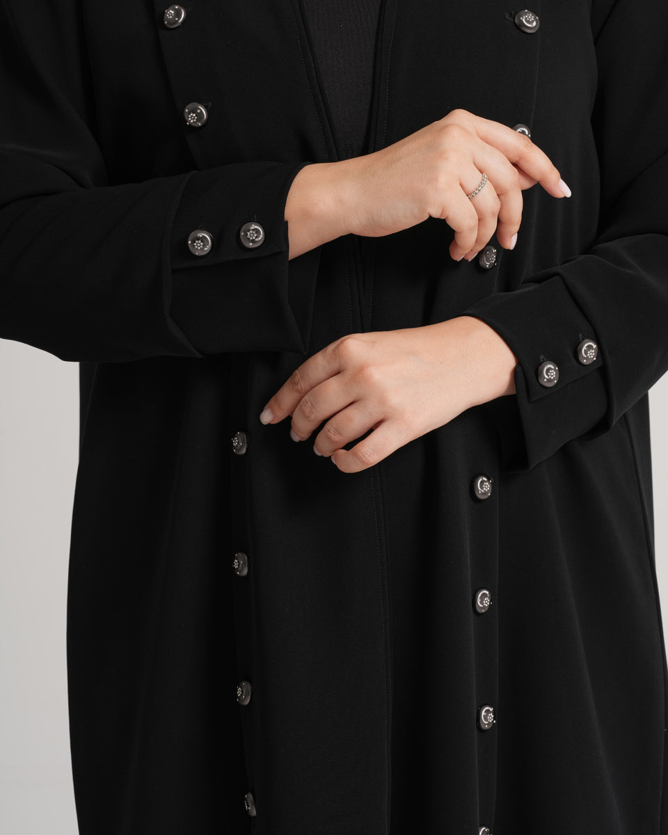 NY-13 - BLACK ABAYA WITH FRONT AND HAND STYLE BUTTONS (BARBIE)