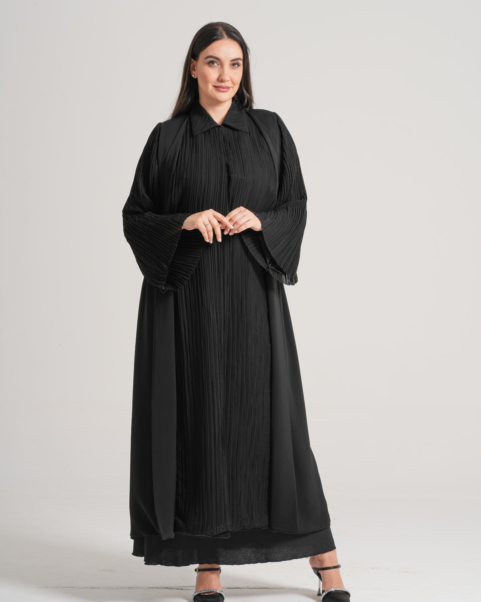 NY-16 - BLACK ABAYA WITH FRONT HALF PART AND HANDS FRACTIONS (KOREAN NIDA)