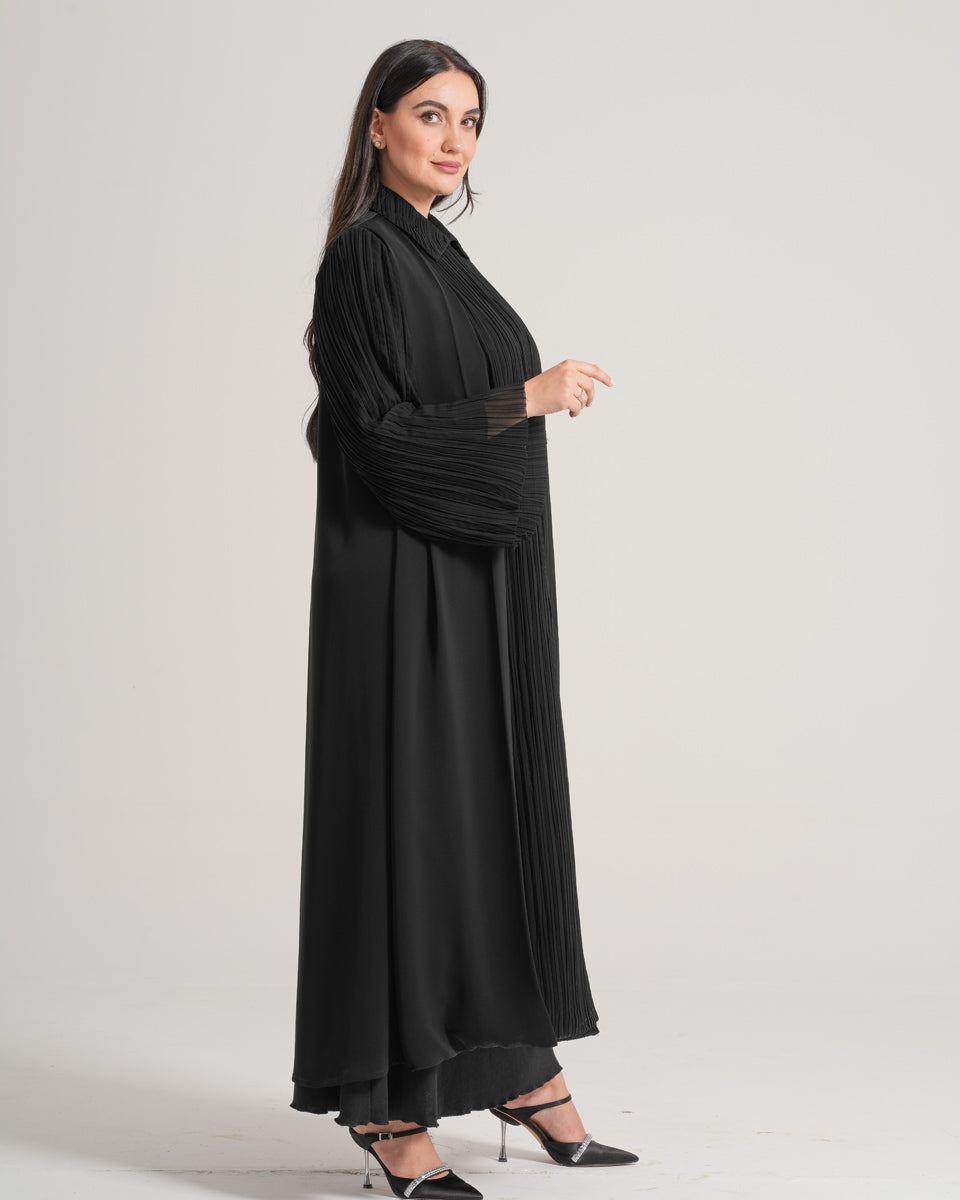 NY-16 - BLACK ABAYA WITH FRONT HALF PART AND HANDS FRACTIONS (KOREAN NIDA)