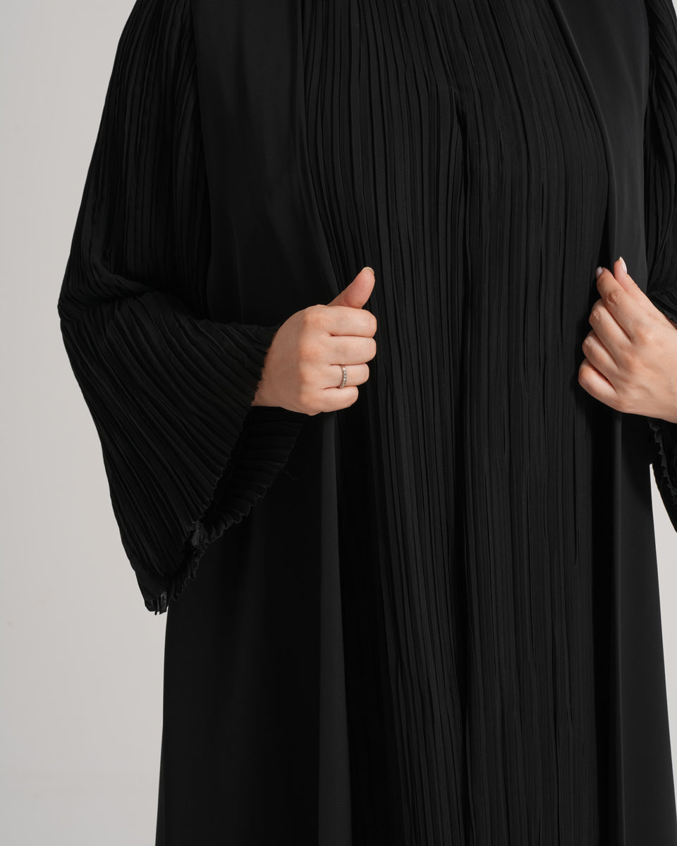 NY-16 - BLACK ABAYA WITH FRONT HALF PART AND HANDS FRACTIONS (KOREAN NIDA)