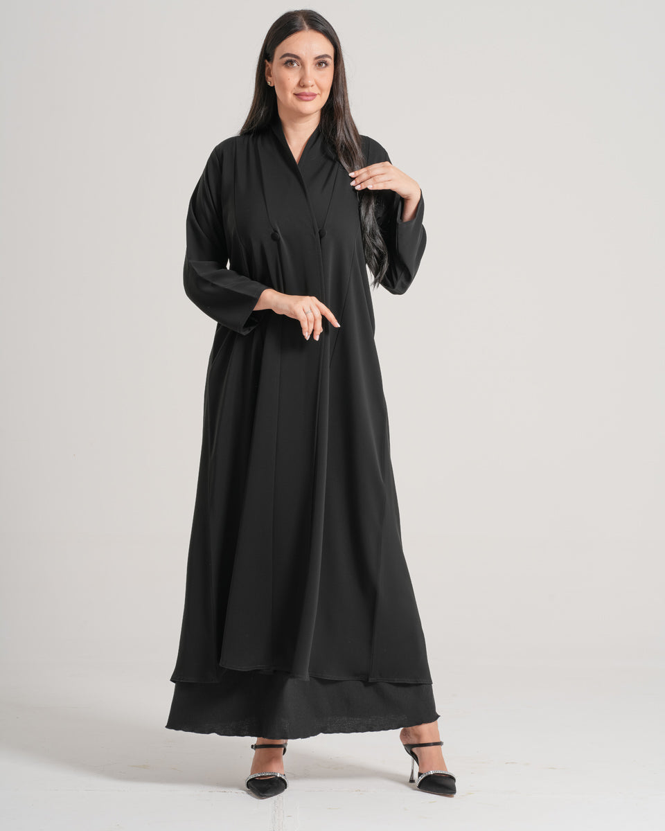 NY-65 - BLACK PLAIN ABAYA WITH FRONT INWARD BUTTON STYLE (KOREAN NIDA)