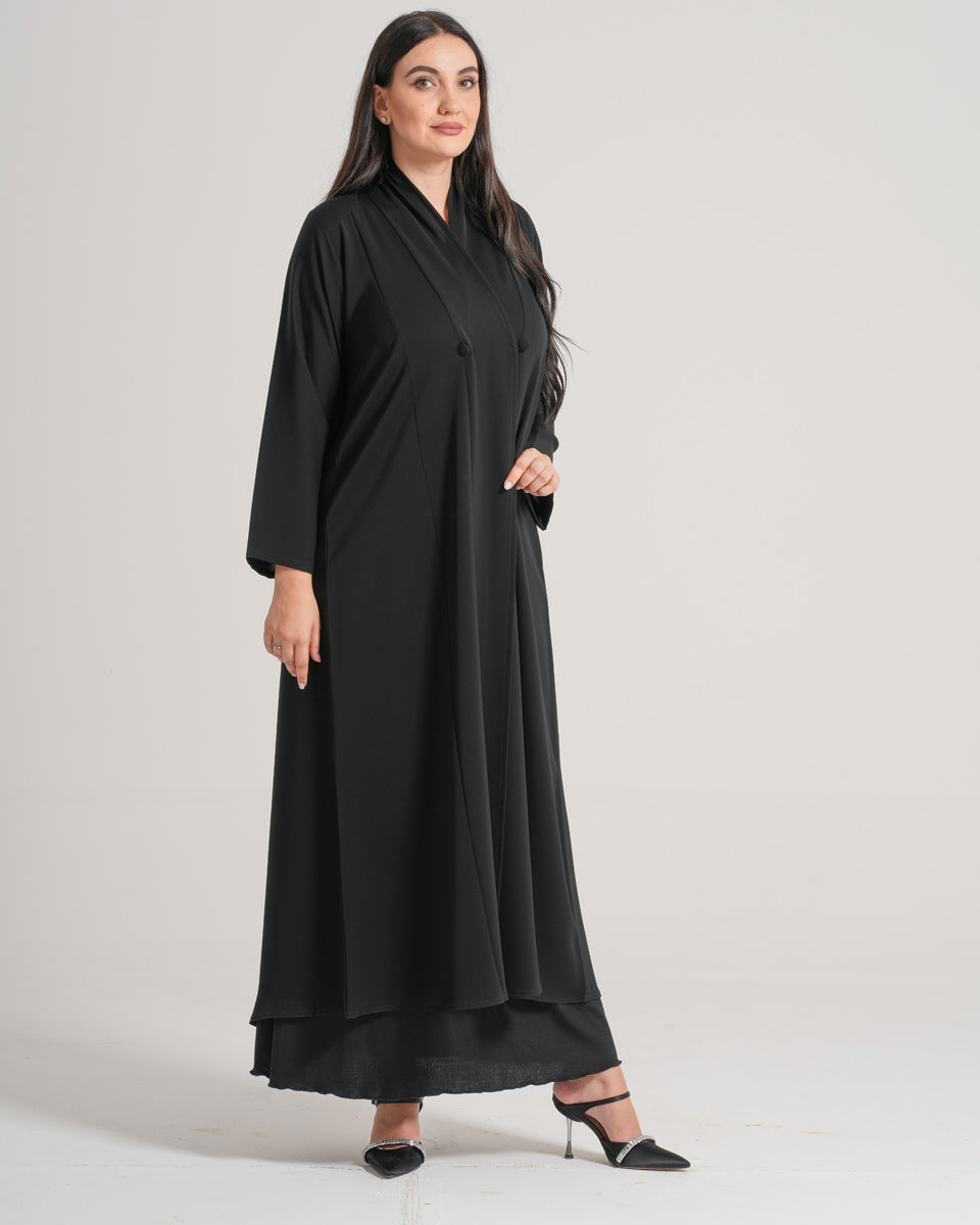 NY-65 - BLACK PLAIN ABAYA WITH FRONT INWARD BUTTON STYLE (KOREAN NIDA)