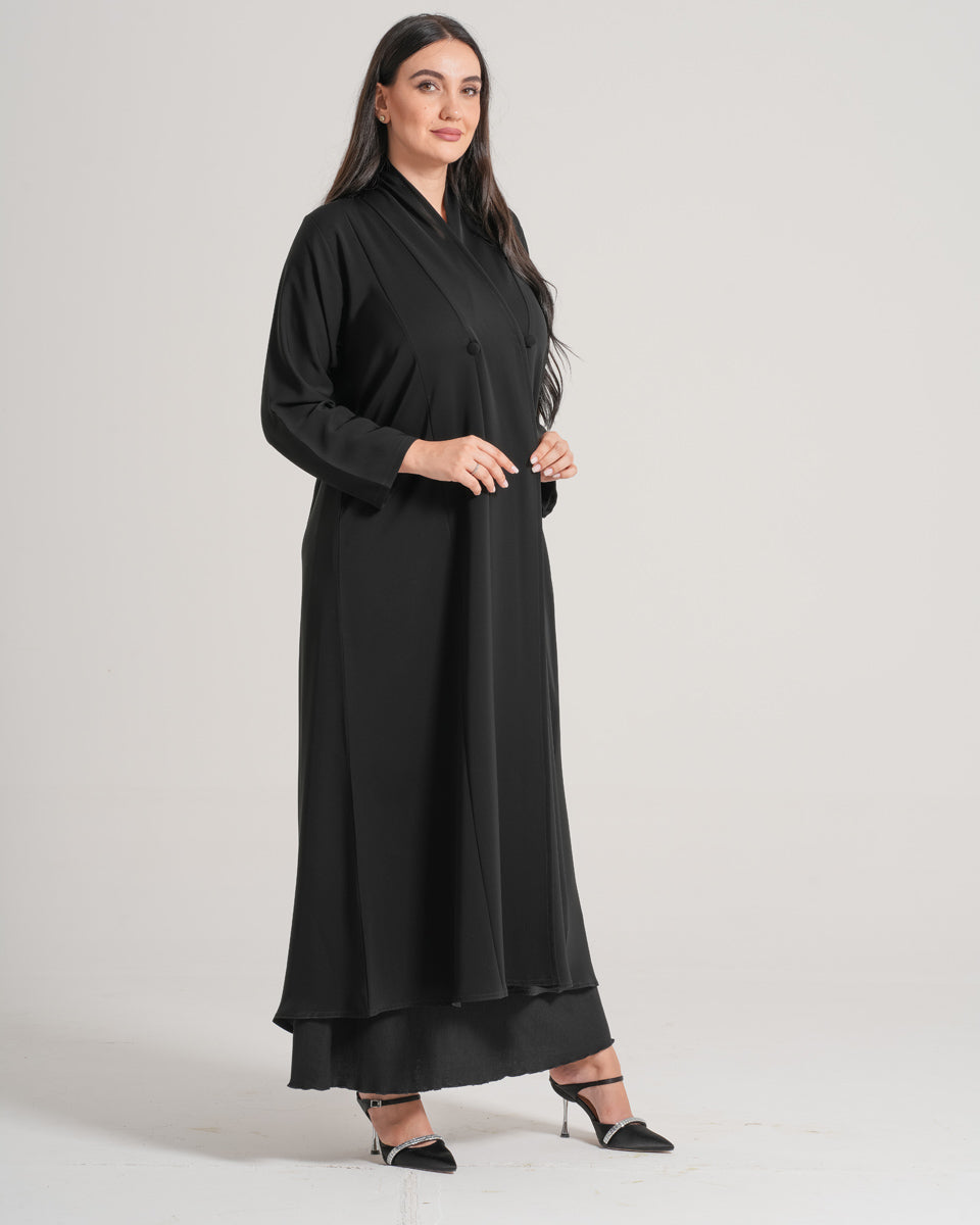 NY-65 - BLACK PLAIN ABAYA WITH FRONT INWARD BUTTON STYLE (KOREAN NIDA)