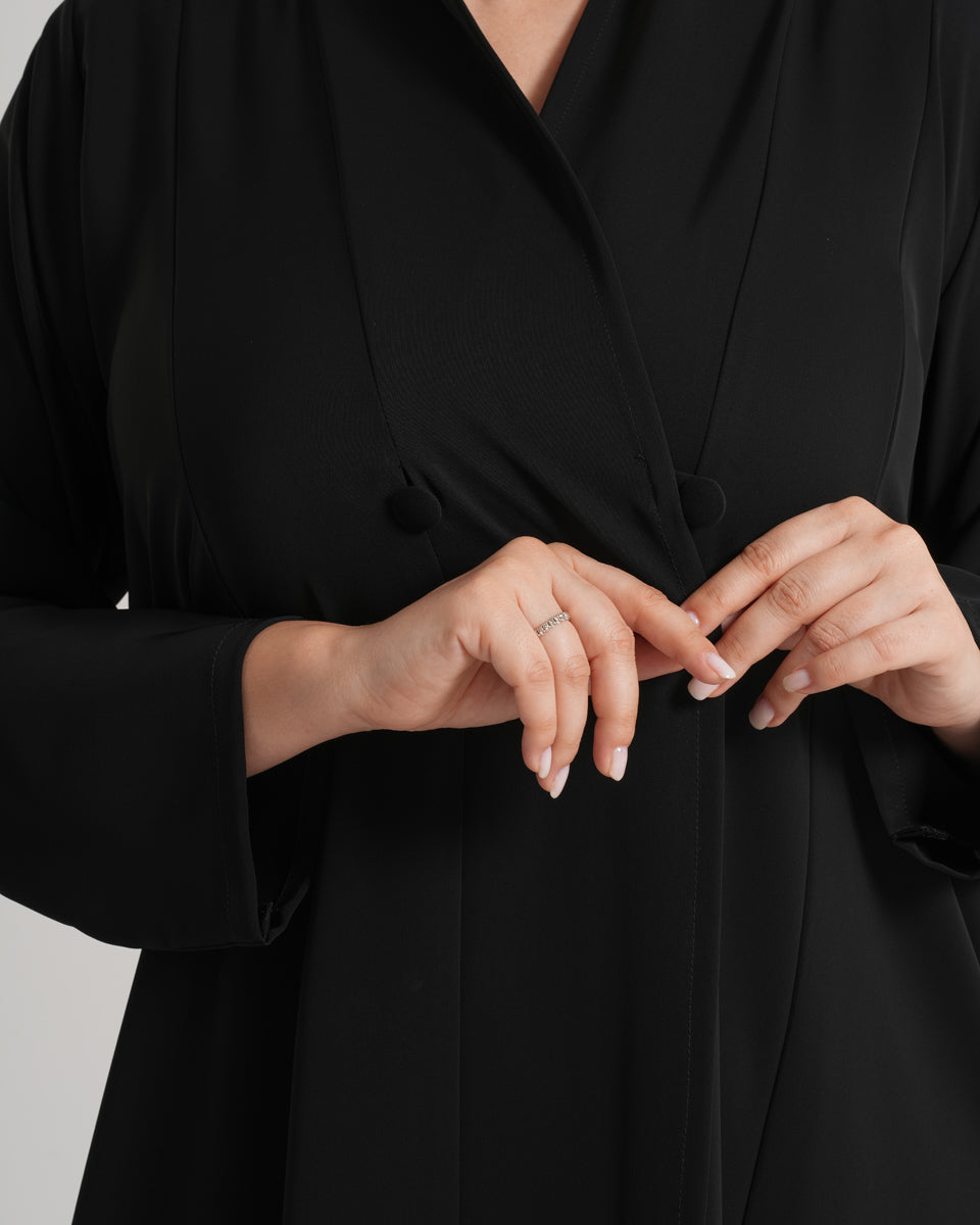 NY-65 - BLACK PLAIN ABAYA WITH FRONT INWARD BUTTON STYLE (KOREAN NIDA)