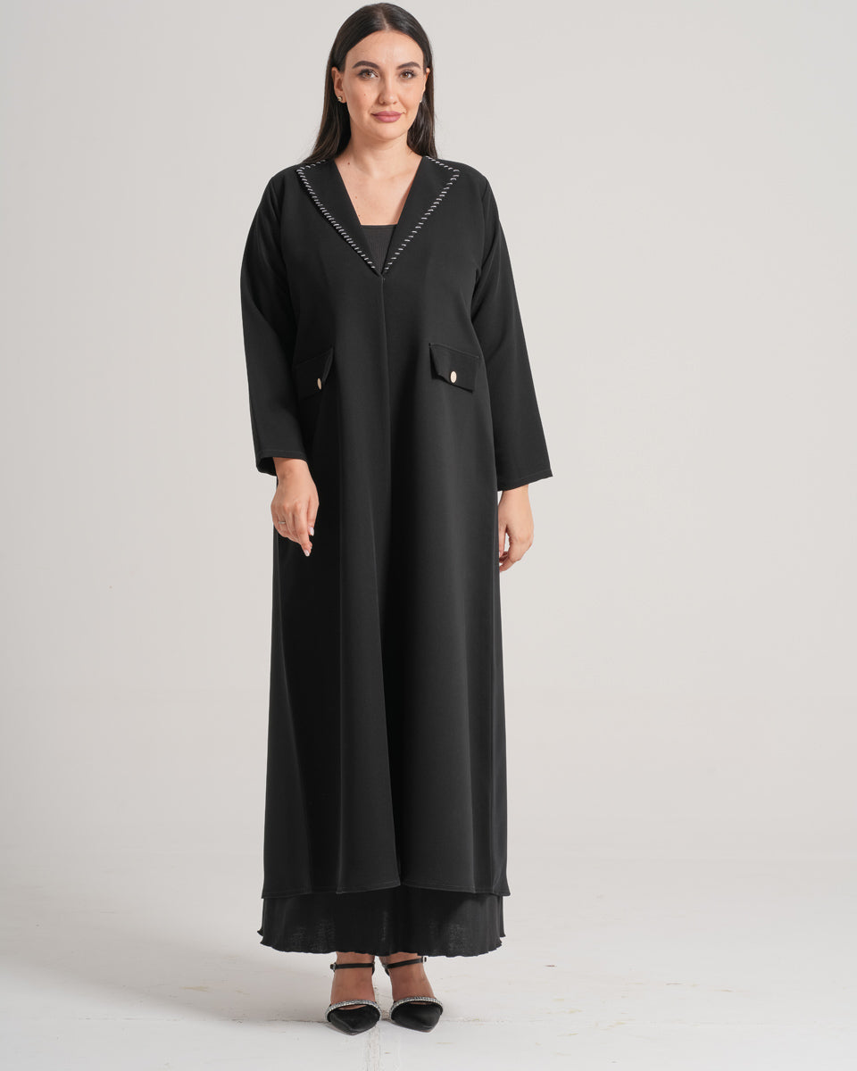 NY-06 - BLACK ABAYA WITH POCKETS AND BEIJ LINING AND BUTTONS (BARBIE)