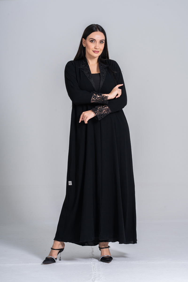 NY-55 - BLACK COLLAR ABAYA WITH FRONT AND HAND DANTEL (CUBRA)