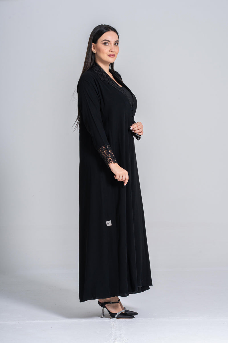 NY-55 - BLACK COLLAR ABAYA WITH FRONT AND HAND DANTEL (CUBRA)