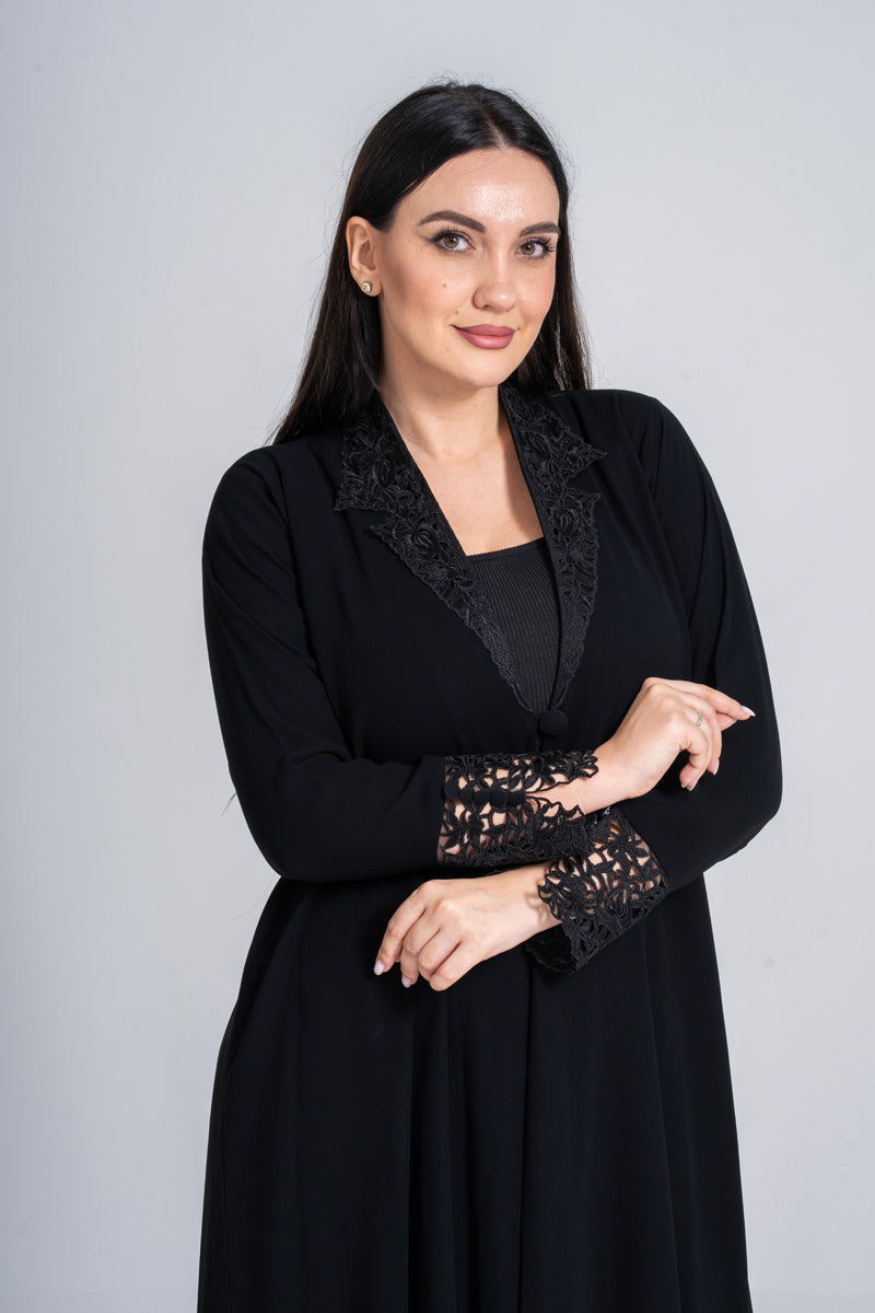 NY-55 - BLACK COLLAR ABAYA WITH FRONT AND HAND DANTEL (CUBRA)
