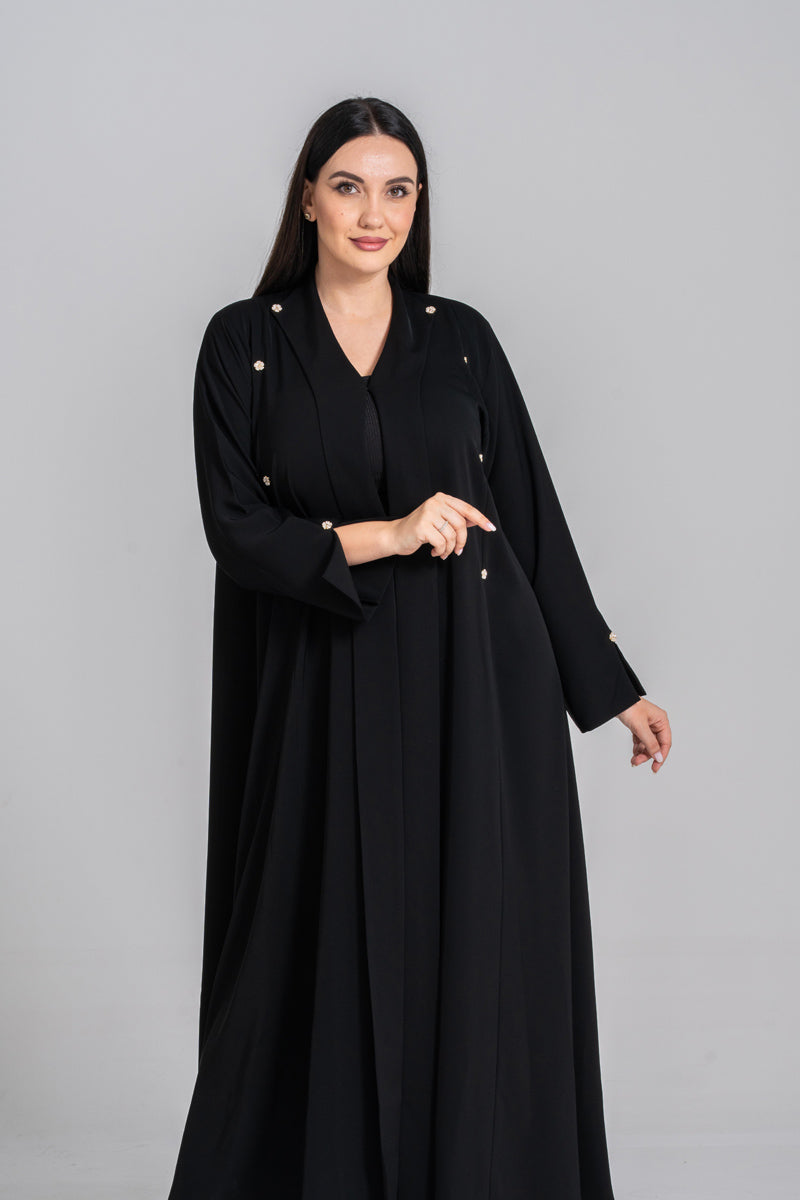 NY-56 - BLACK PLAIN ABAYA WITH FLORAL SMALL DESIGN BUTTONS (KOREAN NIDA)