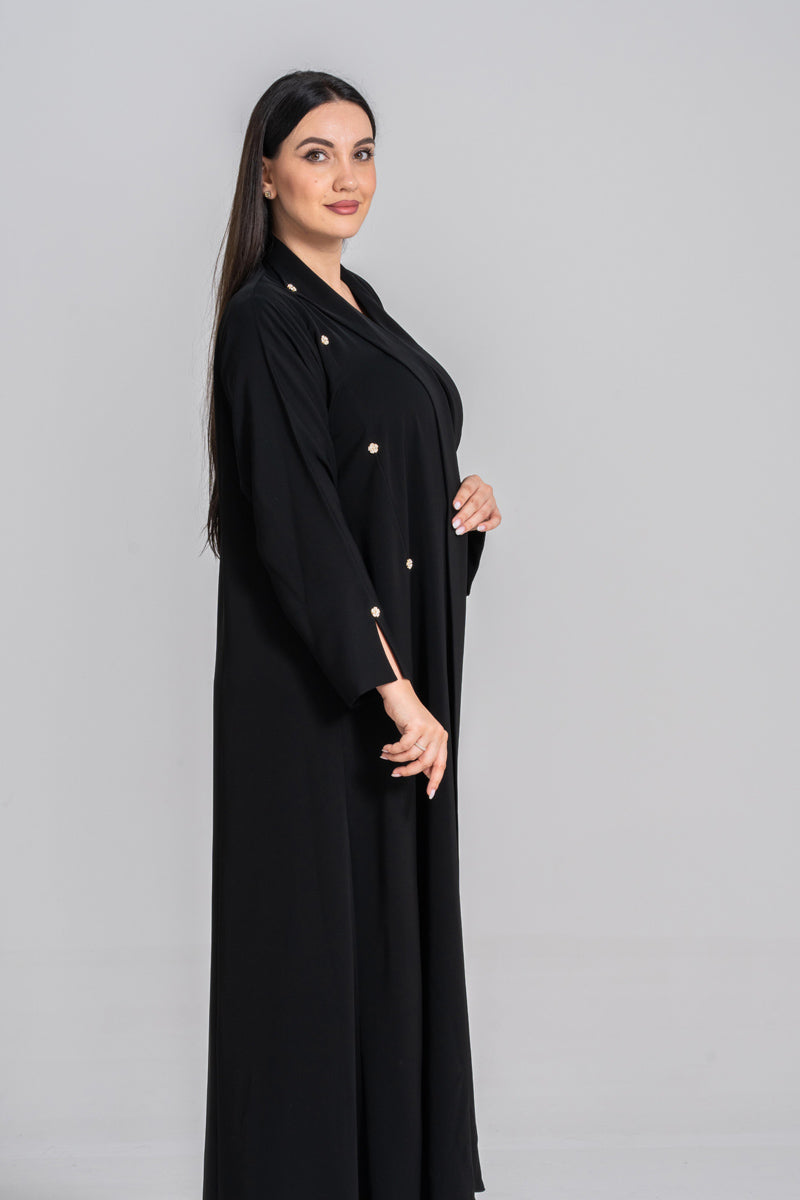 NY-56 - BLACK PLAIN ABAYA WITH FLORAL SMALL DESIGN BUTTONS (KOREAN NIDA)
