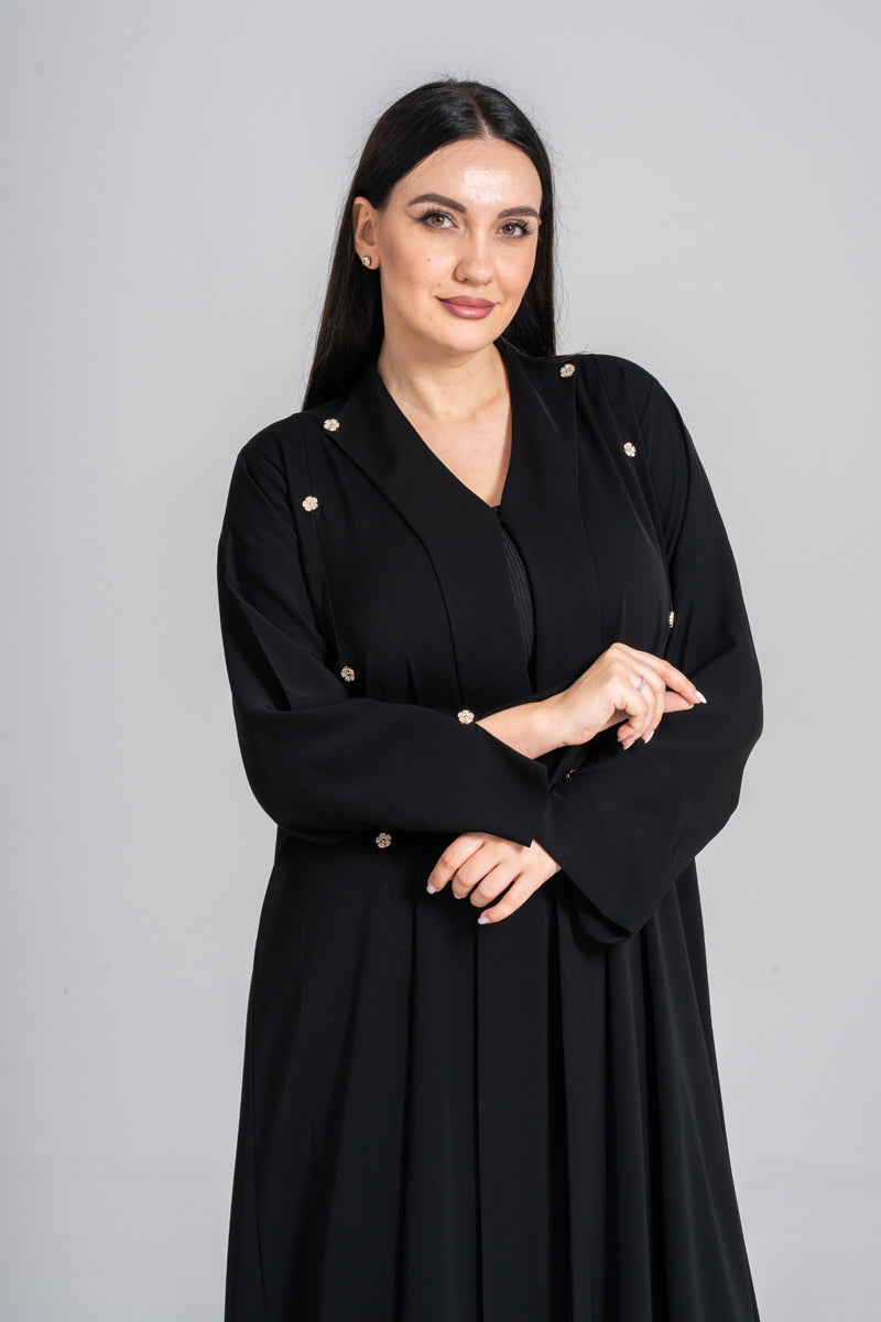 NY-56 - BLACK PLAIN ABAYA WITH FLORAL SMALL DESIGN BUTTONS (KOREAN NIDA)