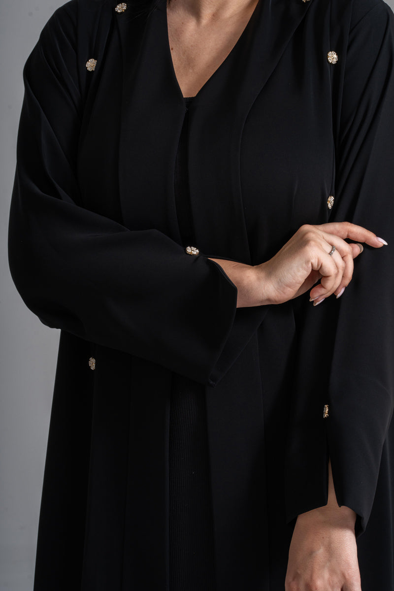 NY-56 - BLACK PLAIN ABAYA WITH FLORAL SMALL DESIGN BUTTONS (KOREAN NIDA)