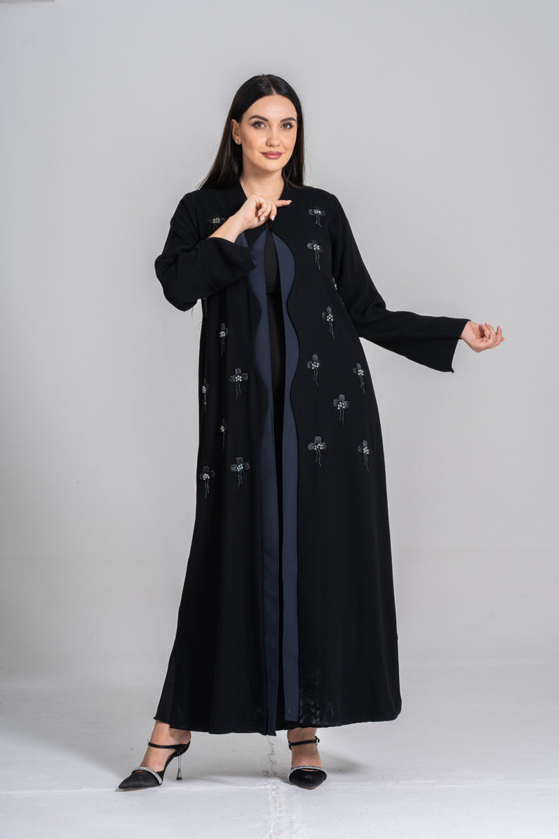 NY-48 - BLACK ABAYA WITH SILVER HIGHLIGHTS AND HANDWORK (CUBRA)