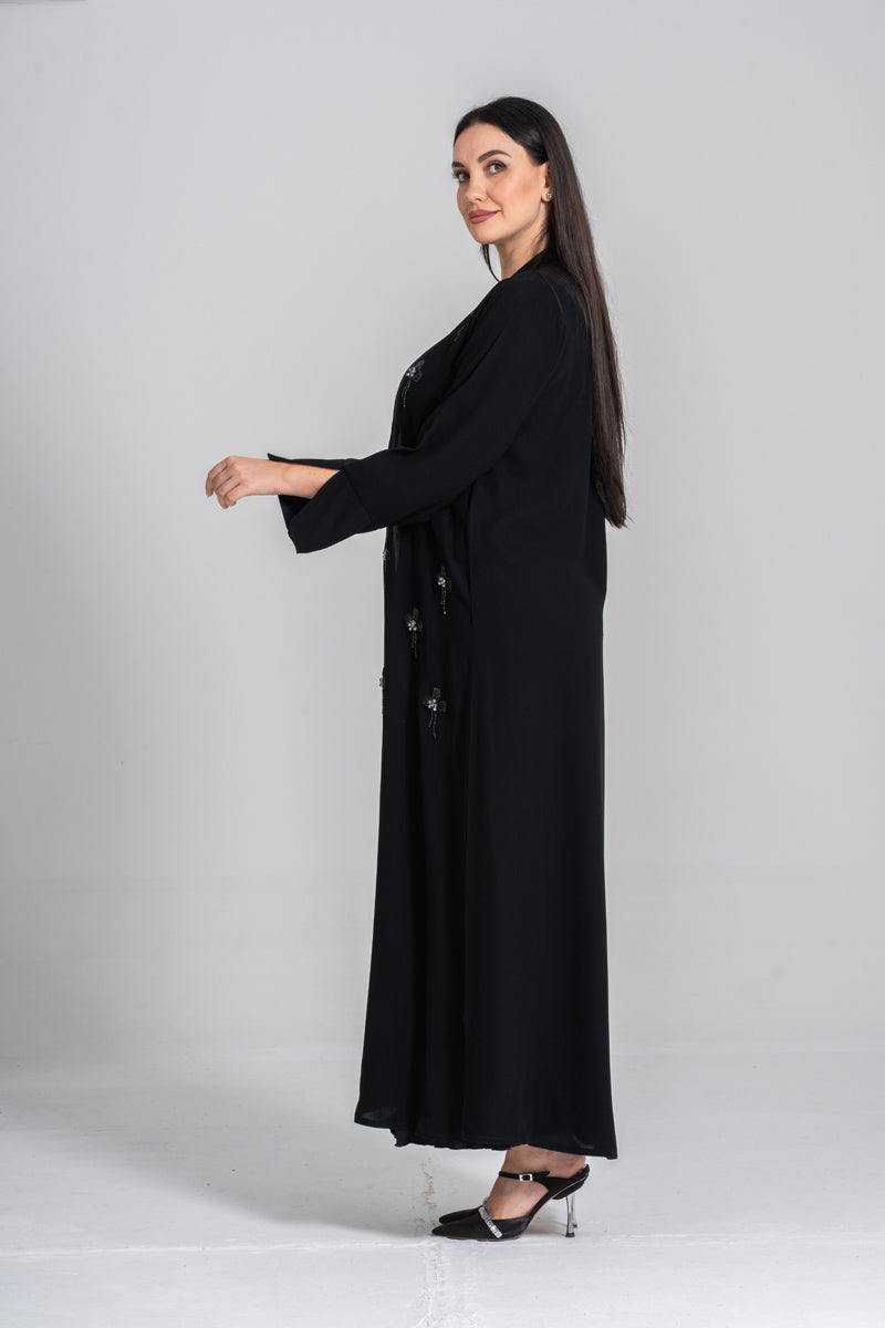 NY-48 - BLACK ABAYA WITH SILVER HIGHLIGHTS AND HANDWORK (CUBRA)