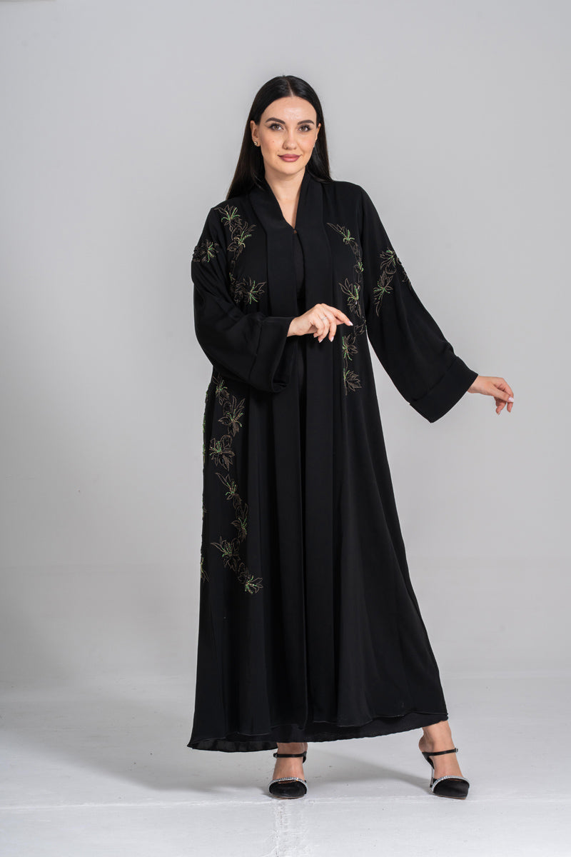 NY-49 - BLACK ABAYA WITH SIDE FLORAL HANDWORK (KOREAN NIDA)