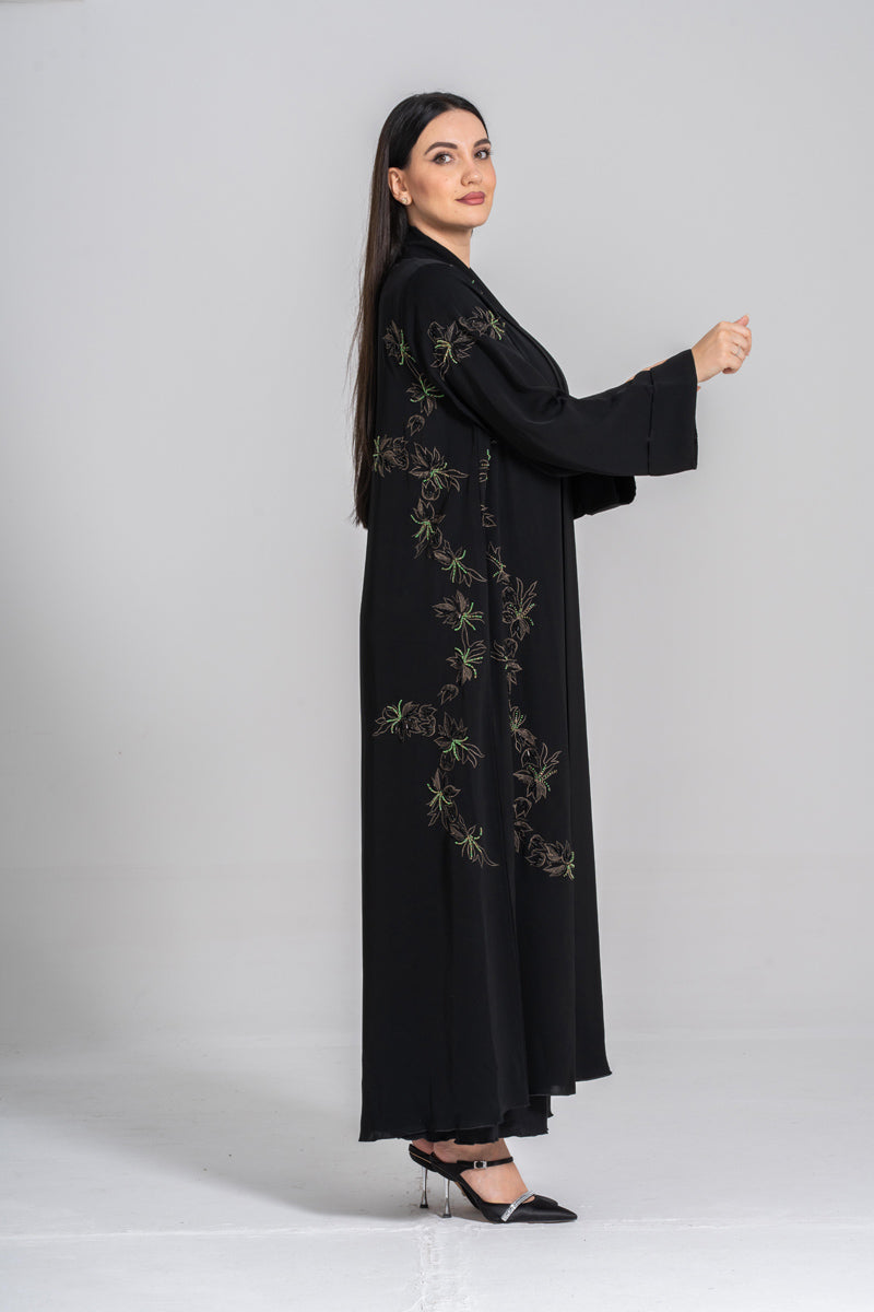 NY-49 - BLACK ABAYA WITH SIDE FLORAL HANDWORK (KOREAN NIDA)