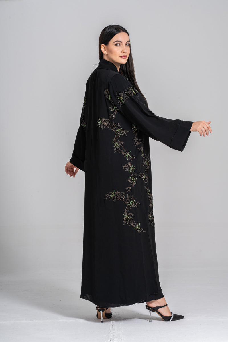 NY-49 - BLACK ABAYA WITH SIDE FLORAL HANDWORK (KOREAN NIDA)
