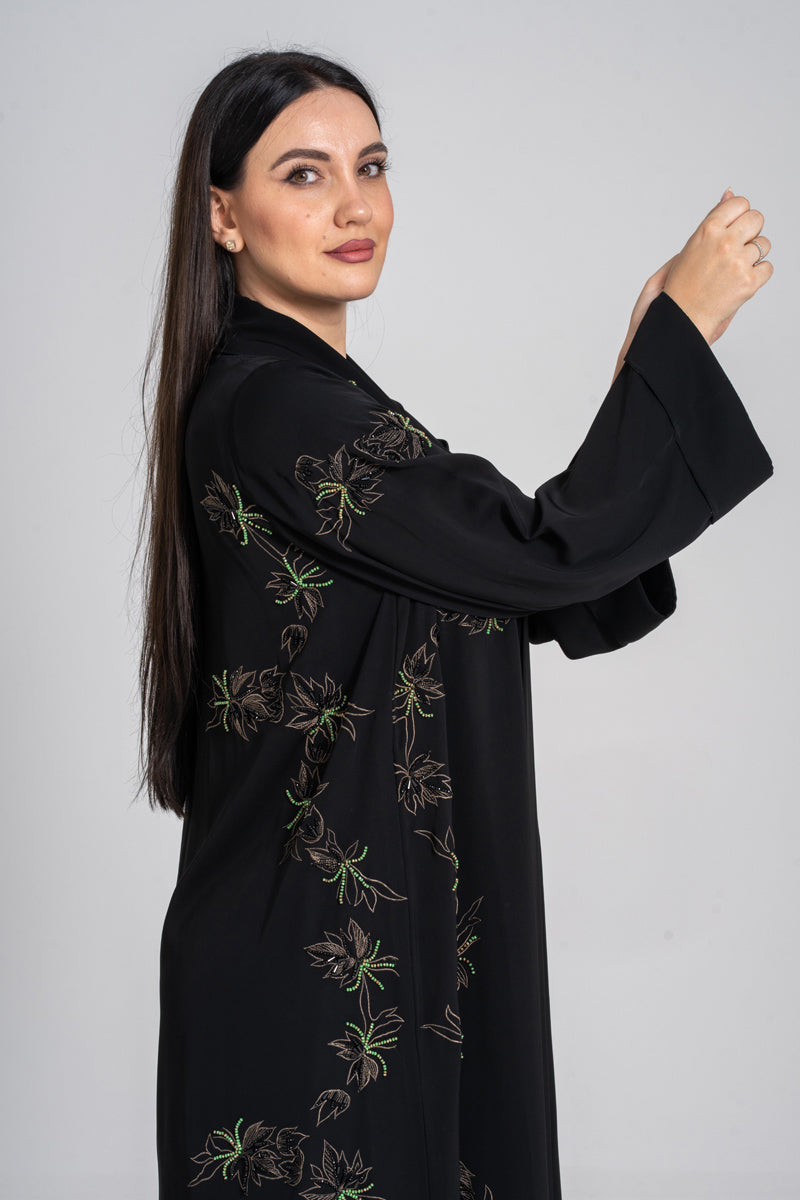 NY-49 - BLACK ABAYA WITH SIDE FLORAL HANDWORK (KOREAN NIDA)