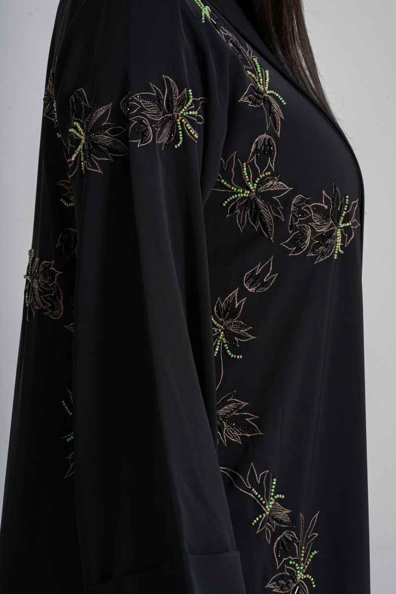 NY-49 - BLACK ABAYA WITH SIDE FLORAL HANDWORK (KOREAN NIDA)