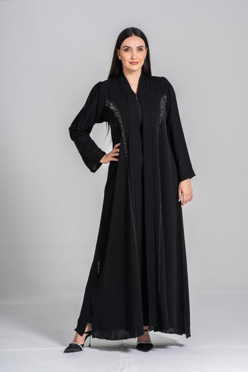 NY-50 - BLACK MODEST ABAYA WITH FRONT TO SIDE HANDWORK (KOREAN NIDA)