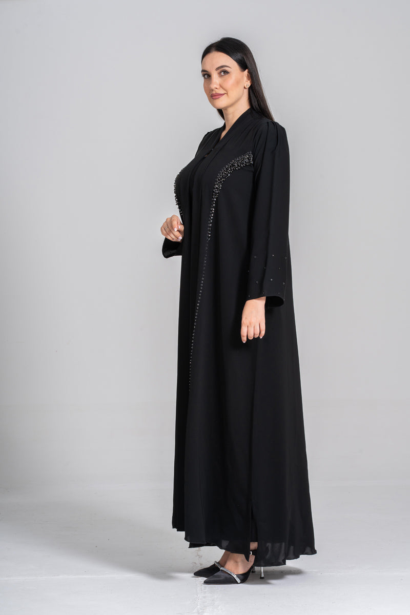 NY-50 - BLACK MODEST ABAYA WITH FRONT TO SIDE HANDWORK (KOREAN NIDA)
