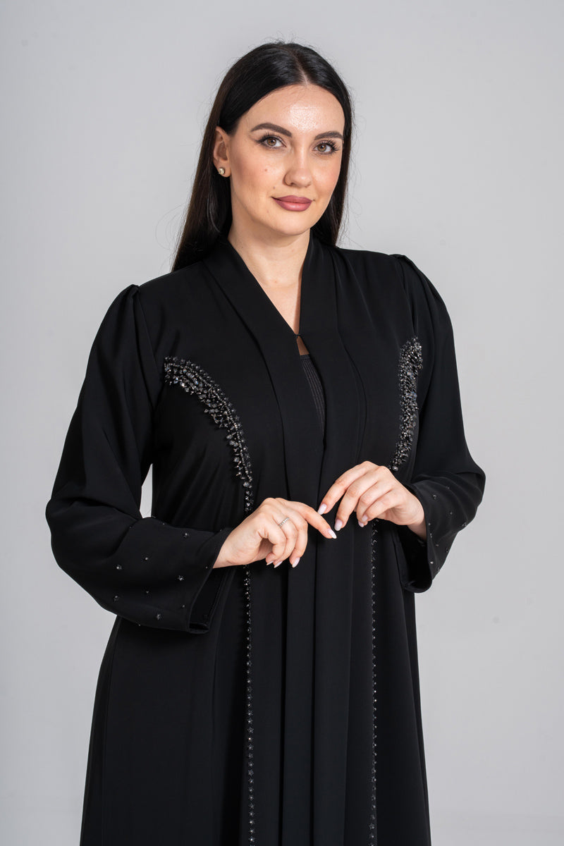 NY-50 - BLACK MODEST ABAYA WITH FRONT TO SIDE HANDWORK (KOREAN NIDA)