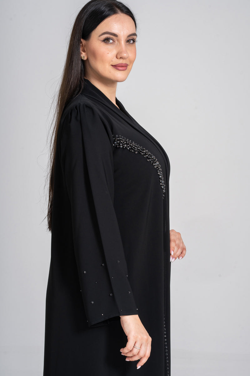 NY-50 - BLACK MODEST ABAYA WITH FRONT TO SIDE HANDWORK (KOREAN NIDA)