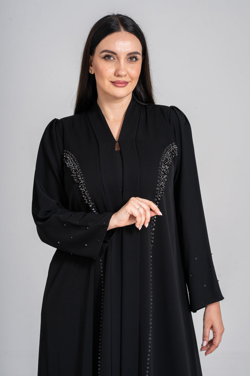 NY-50 - BLACK MODEST ABAYA WITH FRONT TO SIDE HANDWORK (KOREAN NIDA)