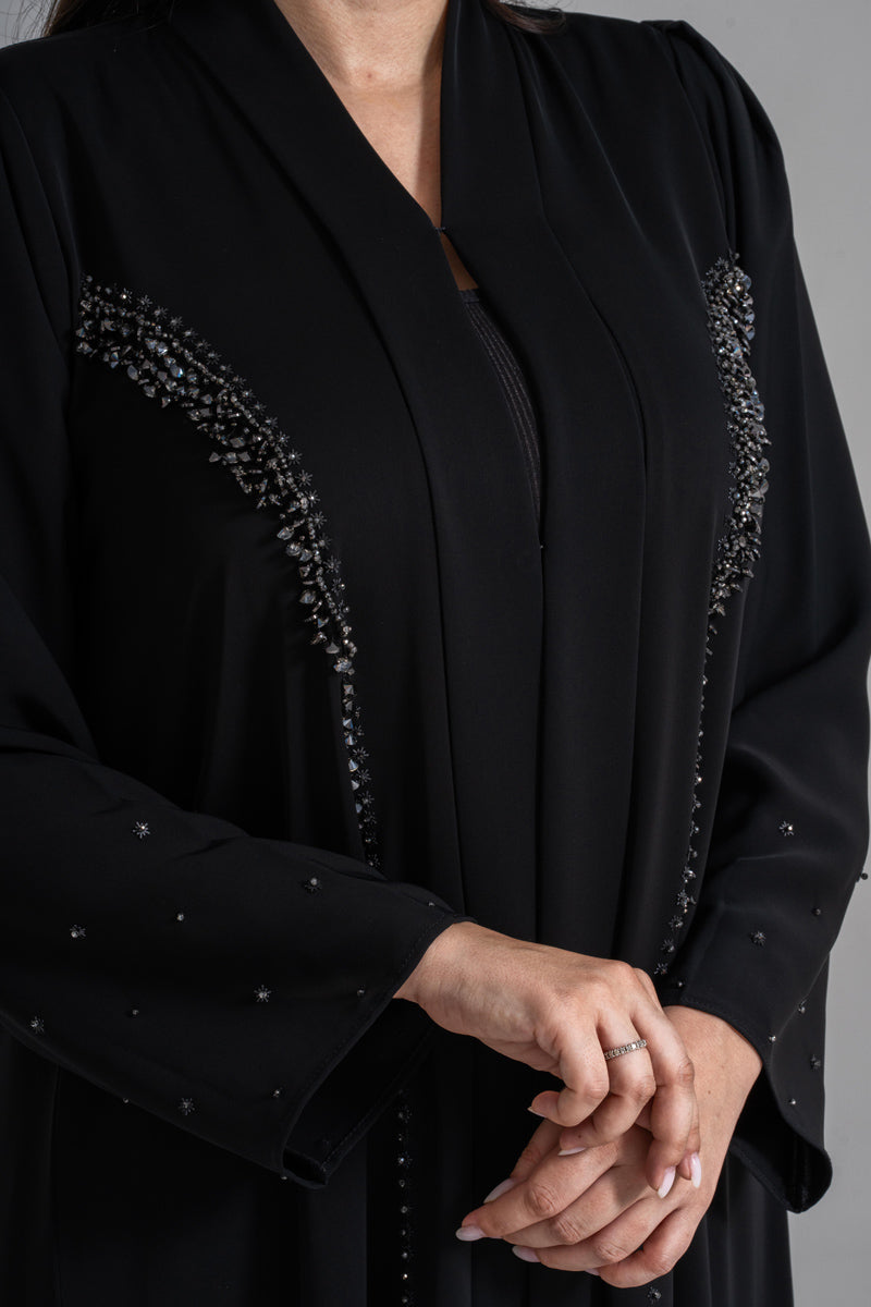 NY-50 - BLACK MODEST ABAYA WITH FRONT TO SIDE HANDWORK (KOREAN NIDA)