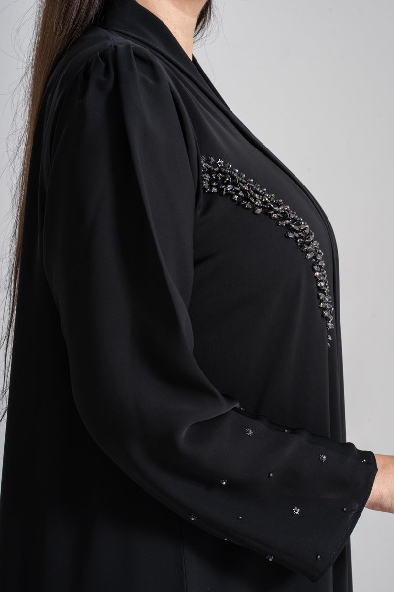 NY-50 - BLACK MODEST ABAYA WITH FRONT TO SIDE HANDWORK (KOREAN NIDA)