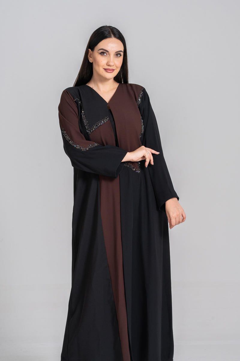 NY-51 - BLACK AND BROWN SEPARATION ABAYA WITH HANDWORK (BARBIE)