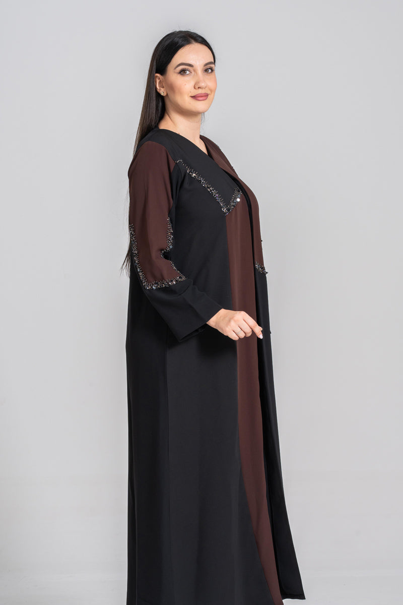 NY-51 - BLACK AND BROWN SEPARATION ABAYA WITH HANDWORK (BARBIE)