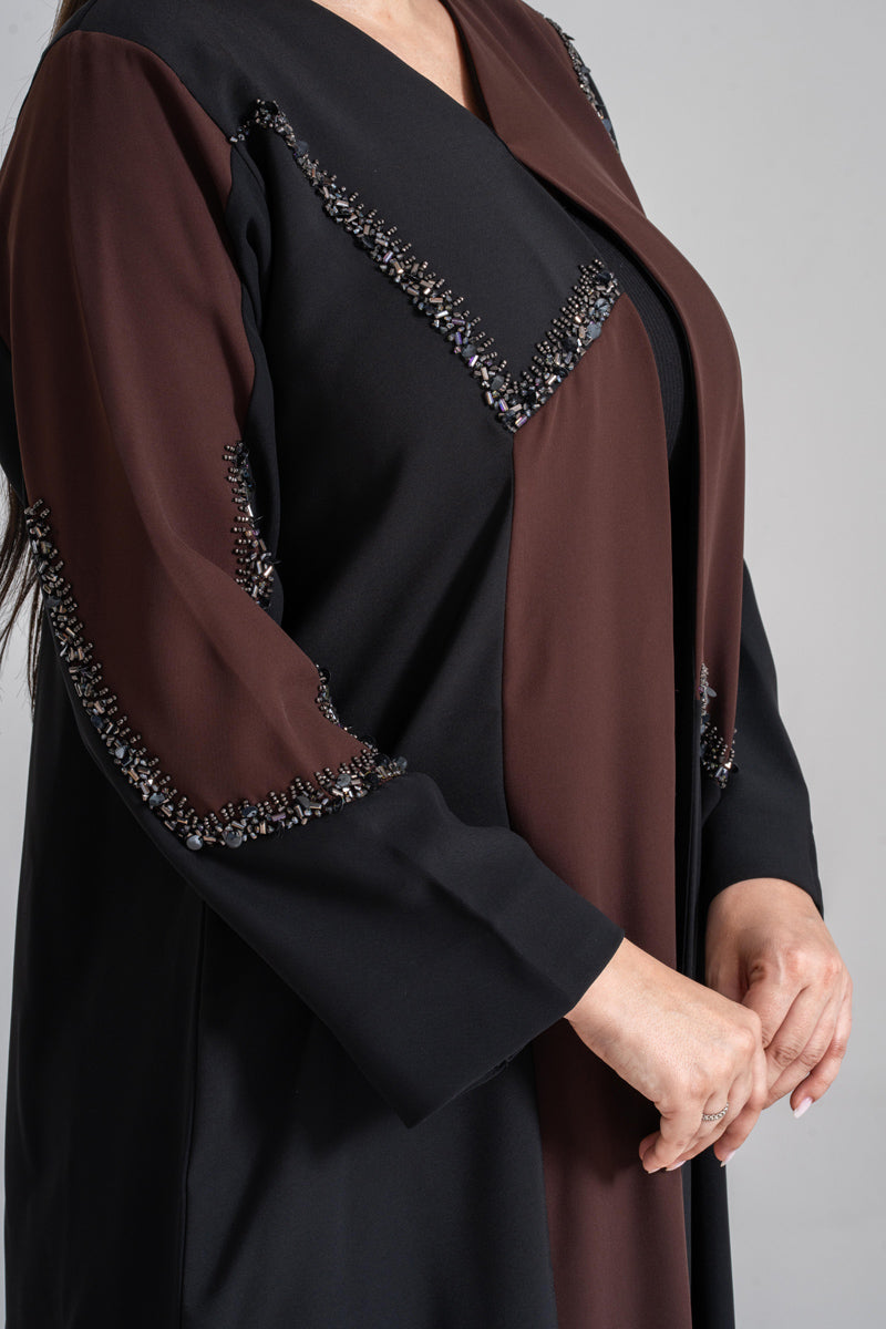 NY-51 - BLACK AND BROWN SEPARATION ABAYA WITH HANDWORK (BARBIE)