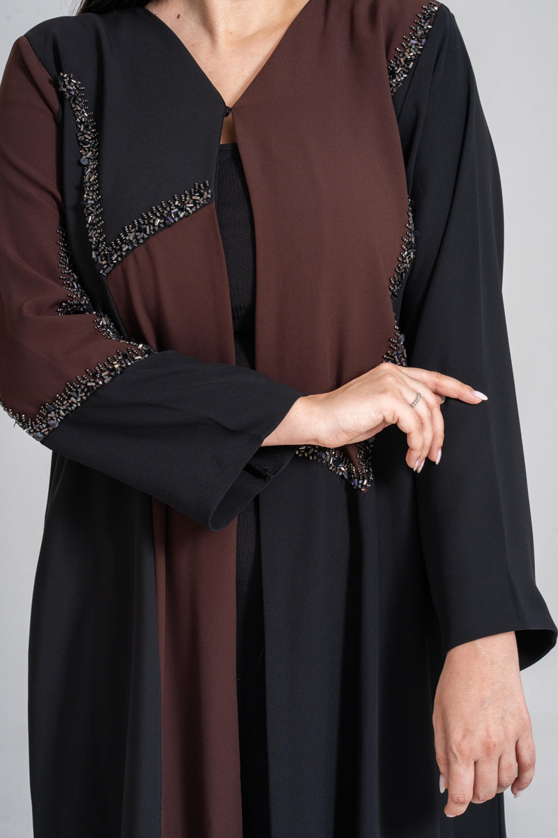 NY-51 - BLACK AND BROWN SEPARATION ABAYA WITH HANDWORK (BARBIE)